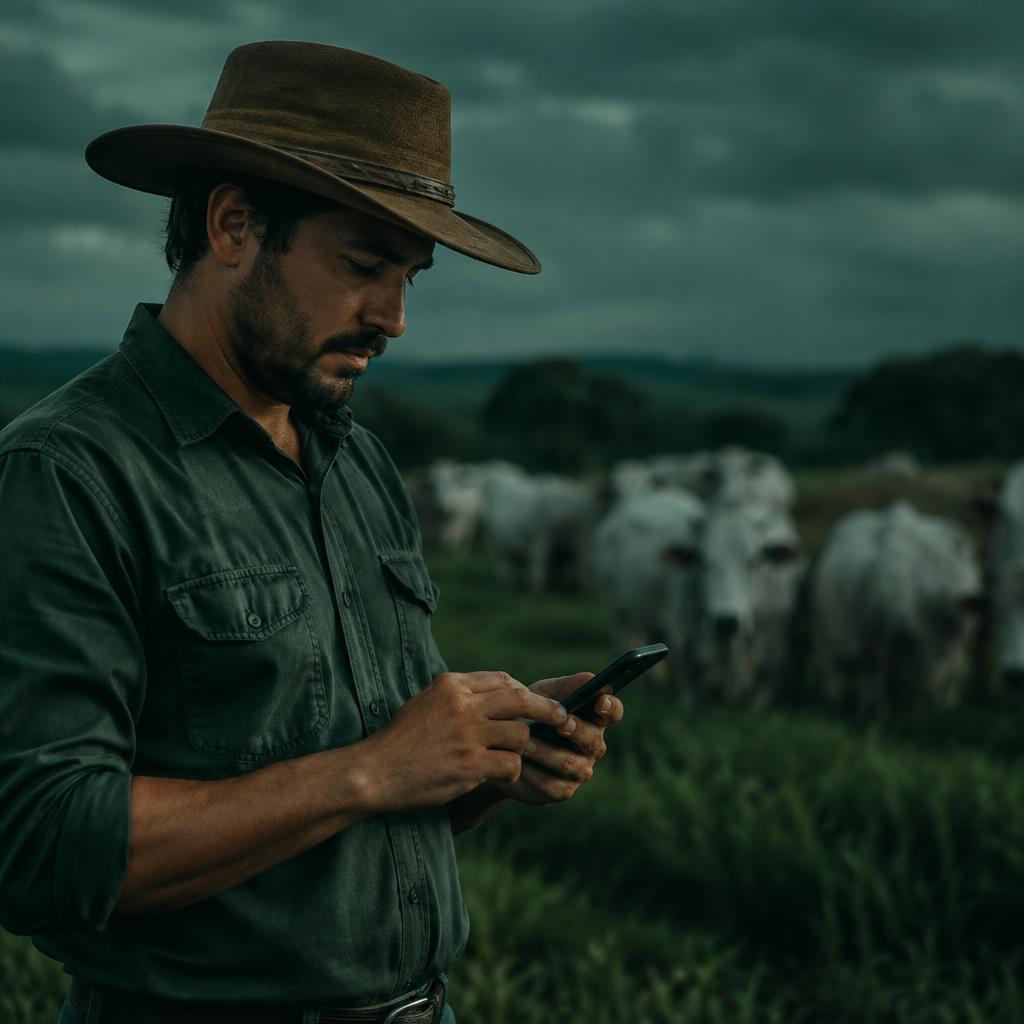 Pecuarista usando o aplicativo no campo